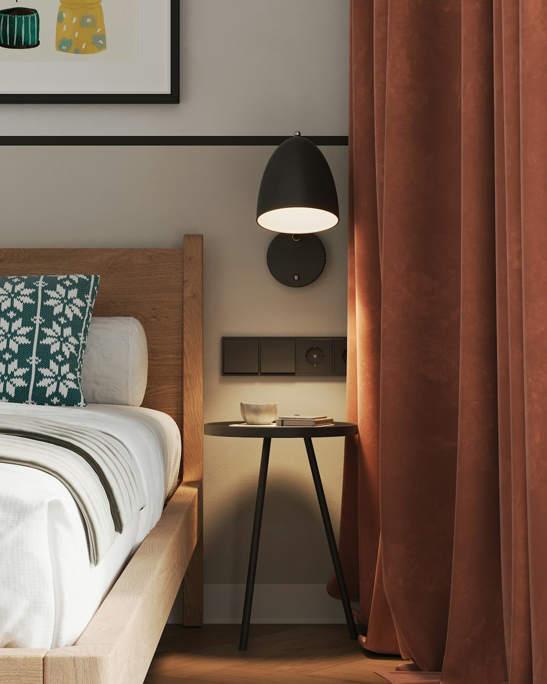 Warm minimalist real estate office interior with linen curtains